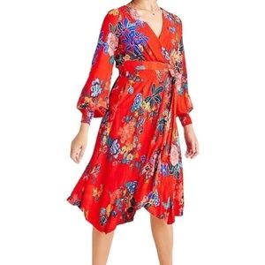 Anthropologie Boswell Red Floral Wrap Midi Dress Size 4